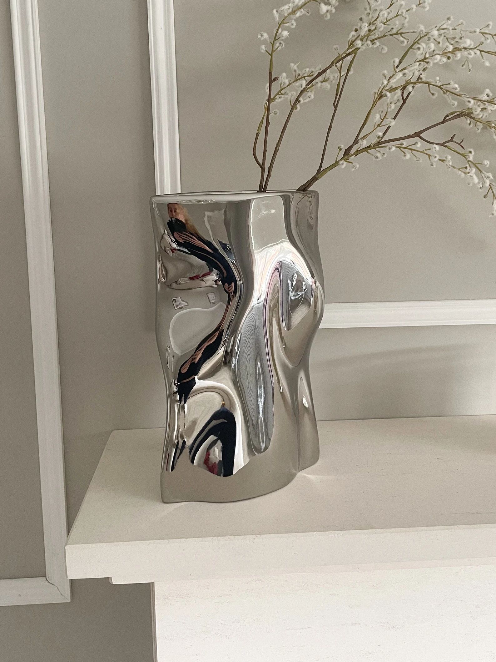 Chrome Silver Decorative Vase, Modern Chrome Mirrored Vase, Silver Ceramic Flower Vase, Chrome Sc... | Etsy (US)