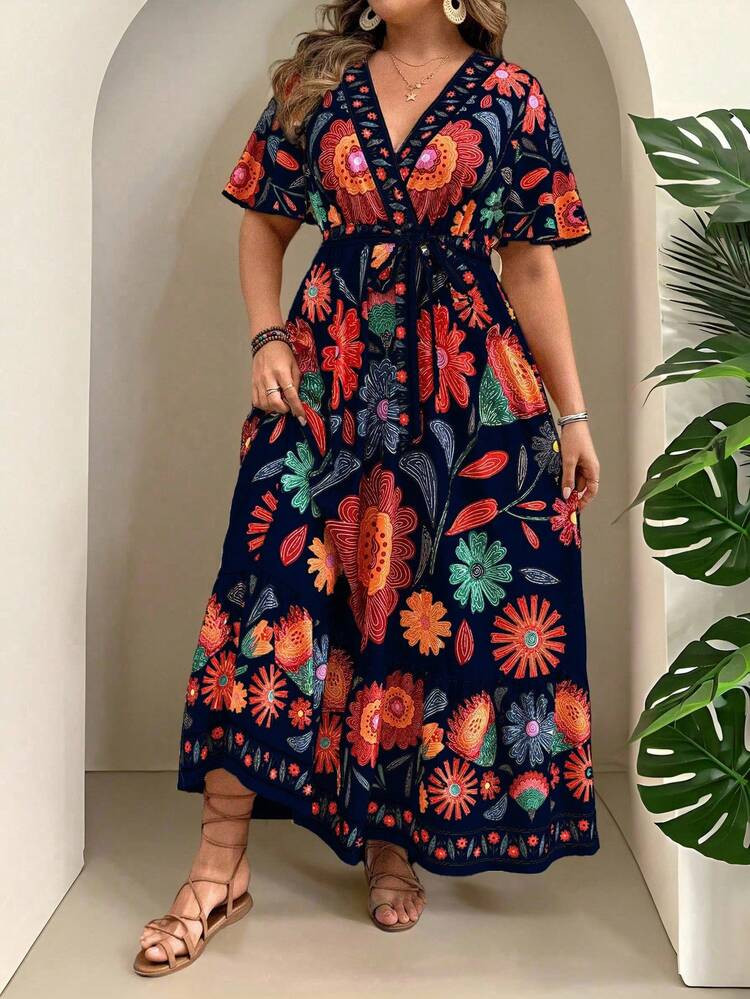 Ceyna Plus Size Boho Navy Blue Floral Print Long A Line Wrap Dress With Flounce Half Sleeves And ... | SHEIN