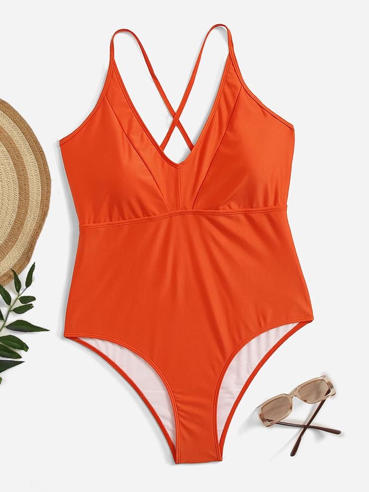 Plus Criss Cross Tie Back One Piece Swimsuit | SHEIN