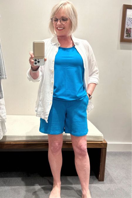 J.Jill gauze shorts and tunic with knit tank. Tunic comes in 5 colors and regular, petite and tall. Shorts available in 3 colors and a print in sizes XS-4X and regular, petite and tall lengths. Tank available in 6 colors, one pattern and regular or petite.

#LTKOver40 #LTKStyleTip #LTKSeasonal