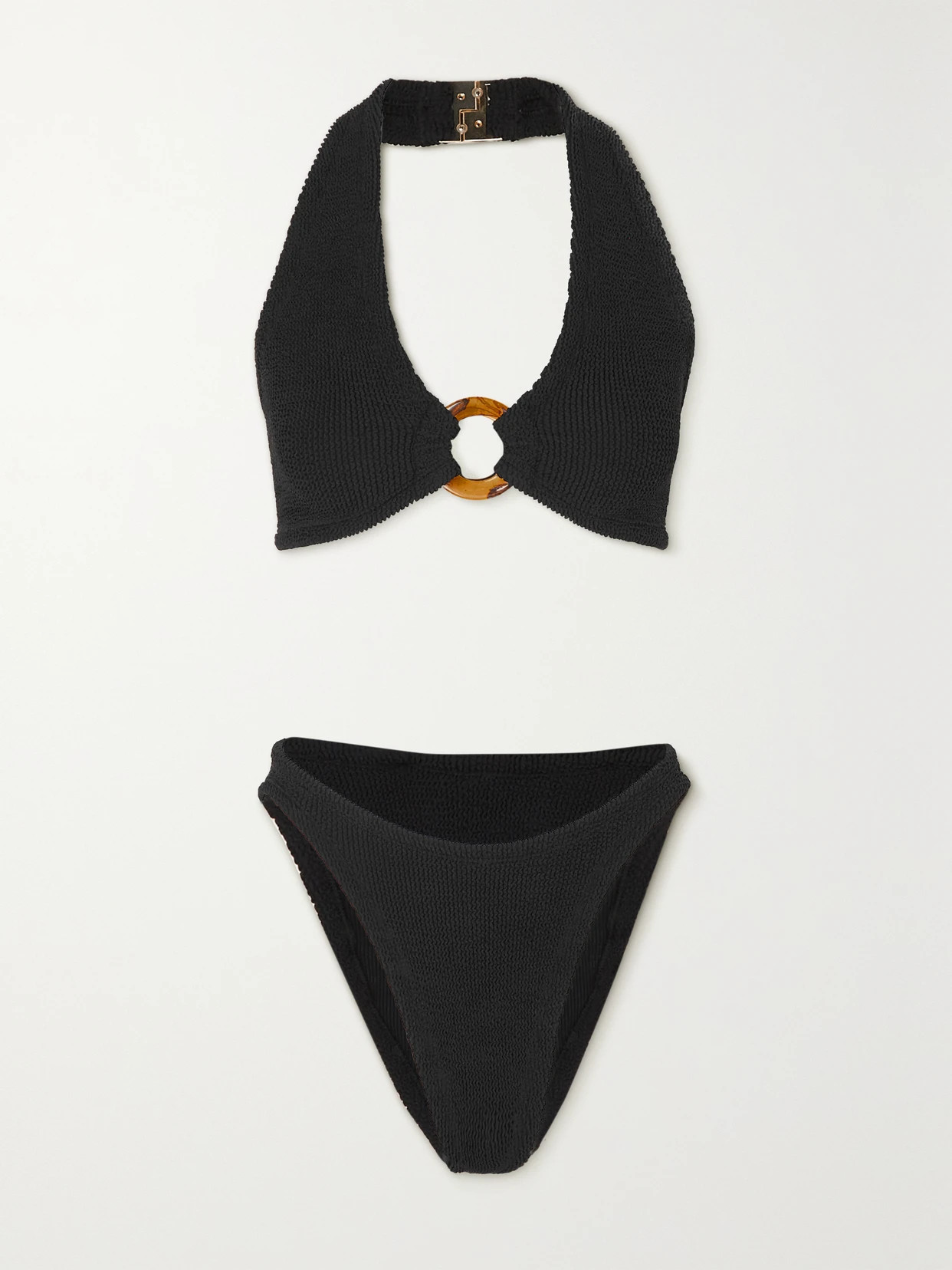 Hunza G - + Net Sustain Coco Seersucker Triangle Halterneck Bikini - Black | NET-A-PORTER (UK & EU)