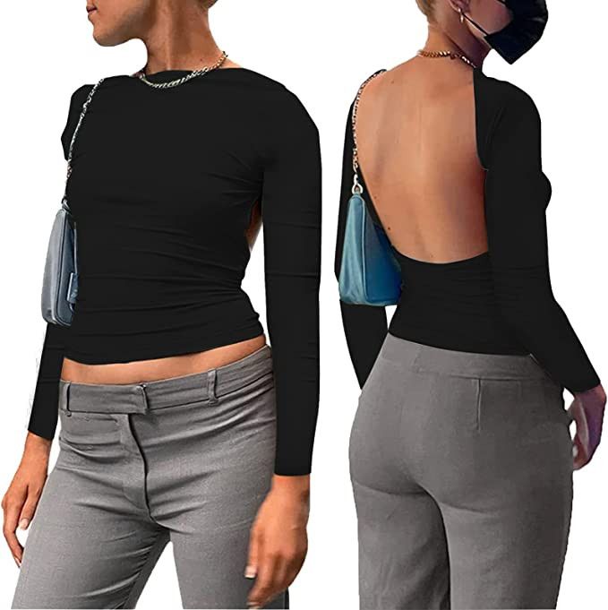 Sfit Backless Top Damen Y2K Rückenfreies Top Sexy Slim Fit Backless Shirt Langarm Cropped Oberte... | Amazon (DE)