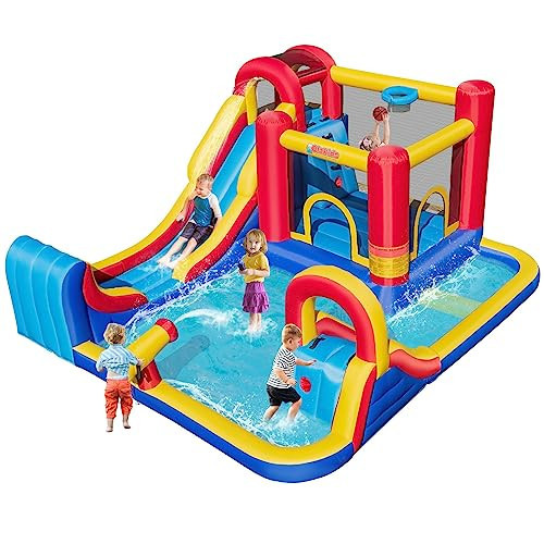 OLAKIDS Inflatable Water Slide, 8 in 1 Bounce House Water Park with 2 Slides Splash Pools, Climbing Wall, Water Gun, Basketball Rim, Outdoor Inflatable Obstacle Course for Kids Backyard | Amazon (US)