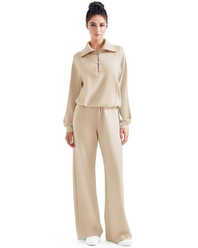 SUUKSESS Women 2 Piece Lounge Matching Sets Wide Leg Sweatpants Half Zip Oversized Sweatshirts (Khaki, XS) | Amazon (US)