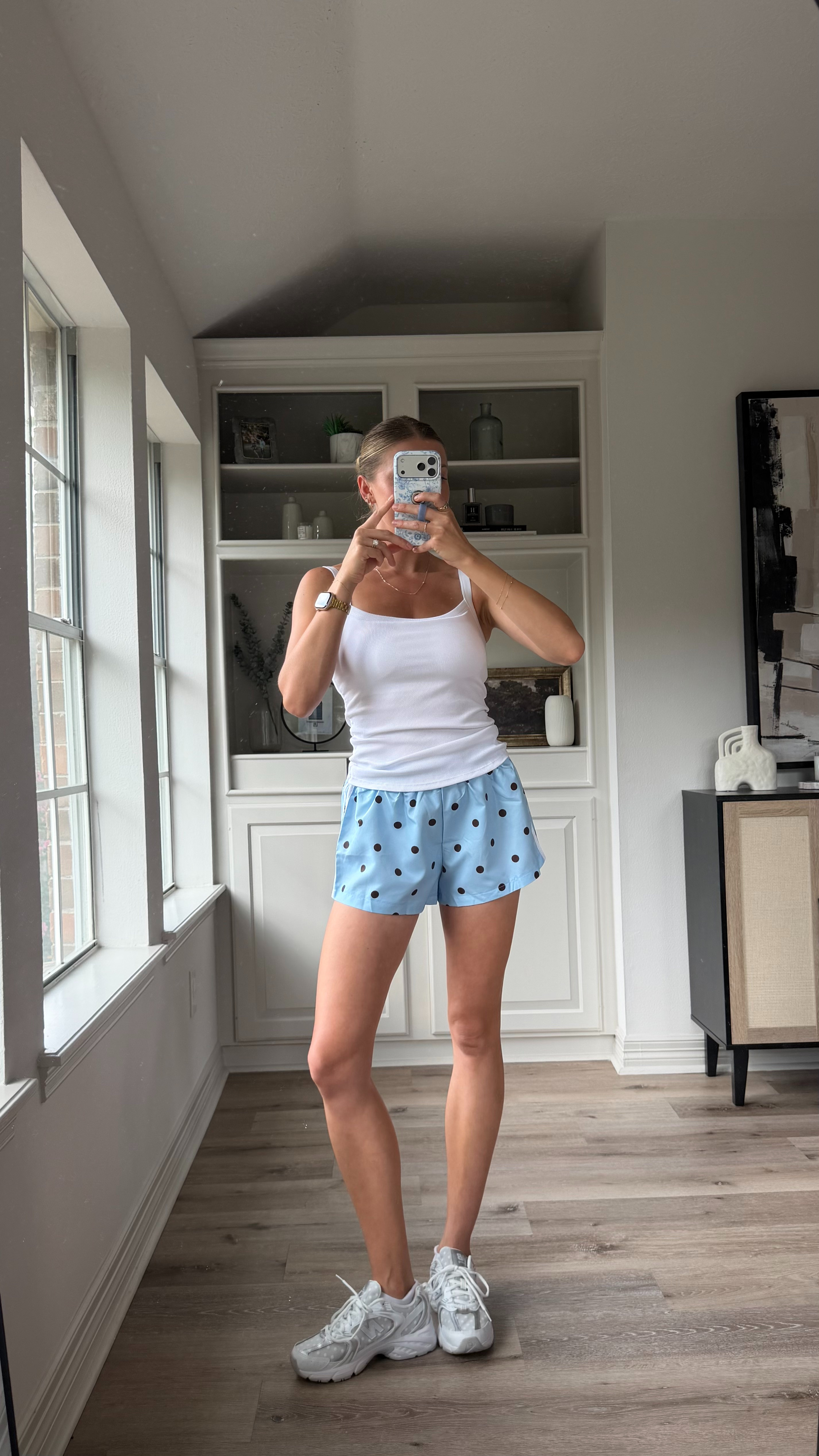 Cutie polka dot track shorts for summer! Wearing S in shorts and bra tank!! Linking similiar sneaks I own and love!  

 