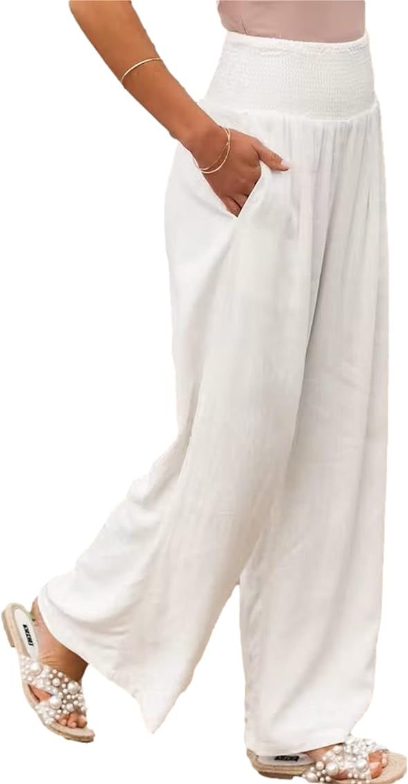 Zontroldy Cotton Linen Wide Leg Palazzo Beach Pants for Women Casual Elastic High Waist Smocked Loun | Amazon (US)