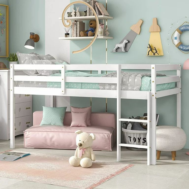 Twin Wood Loft Bed with Full-length Safety Rail and Ladder, Modern Loft Bed Frame for Kids Teens ... | Walmart (US)