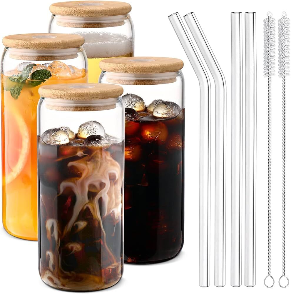 Porkus Glass Cups with Lids and Straws 4pcs Set, 20oz Can Shaped Glass Cups, Glass Coffee Cups, I... | Amazon (US)