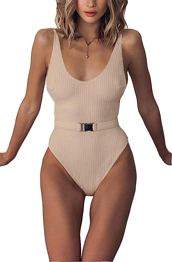 FEIYOUNG Sexy Womens Monokini Scoop Neck One Piece Backless Cheeky Swimwear Semi Thong Bikini wit... | Amazon (US)