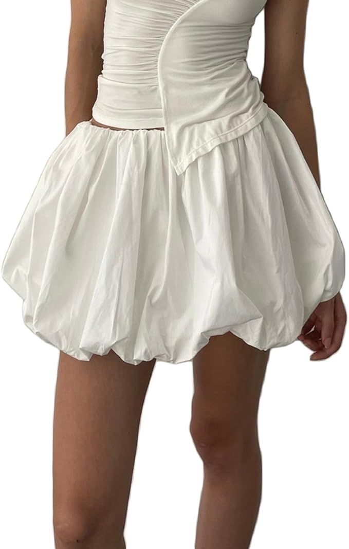 Women Y2k Bubble Skirt High Waisted A-Line Puffy Mini Short Skirt Ruffle Hem Summer Pleated Ballo... | Amazon (US)