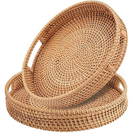 Rattan Tray Decorative Serving Tray with Handles Set of 3 Hand Woven Wicker Tray Rustic Decorative T | Amazon (US)