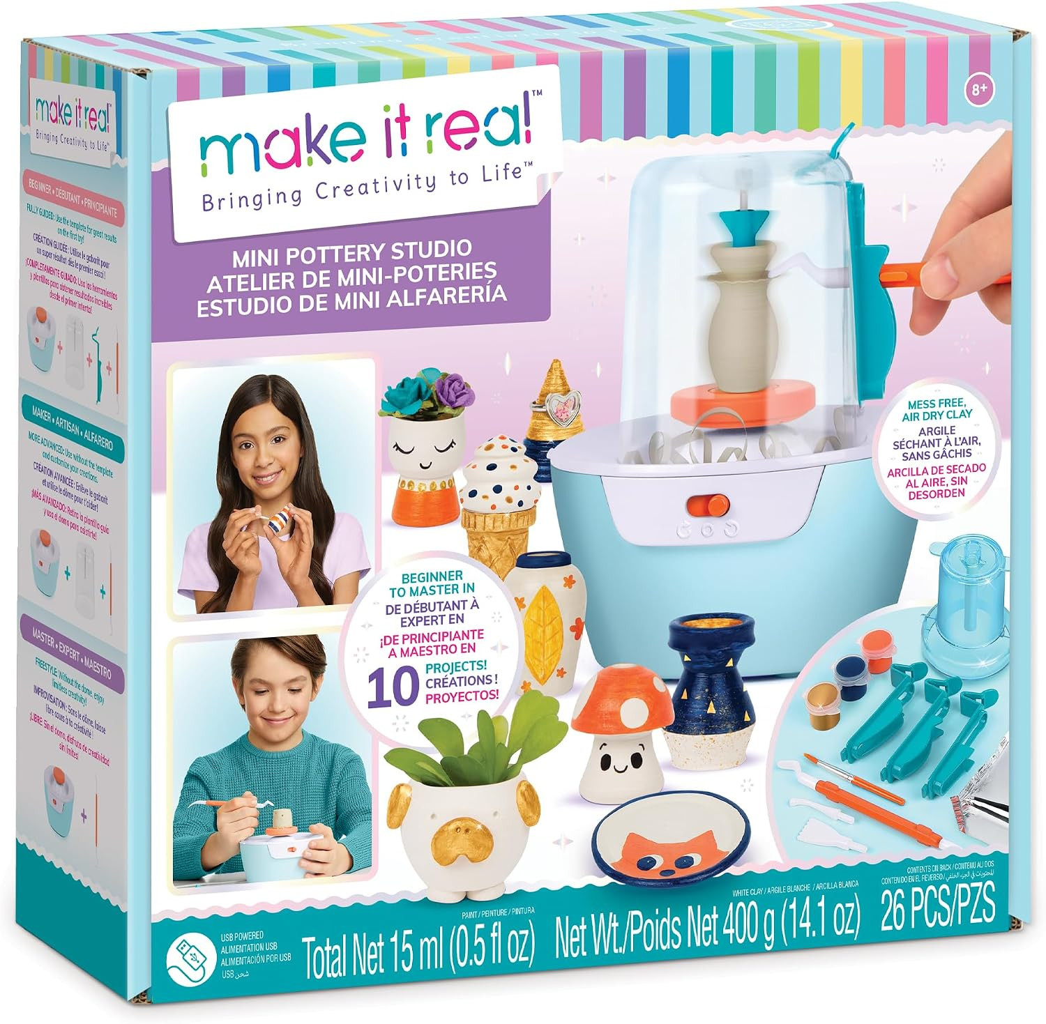 Make It Real Mini Pottery Studio - 26-Piece DIY Pottery Kit with Mess-Free Air Dry Clay - Create 10 Miniature Projects, Beginner to Master Levels - Innovative Centering Tool - Great for Kids Ages 8 | Amazon (US)