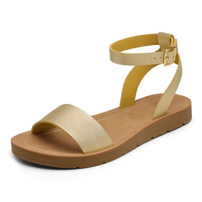 DREAM PAIRS Women’s Ankle Strap Flat One Band Buckle Flat Sandals Gold/Pu Size 6.5 | Walmart (US)