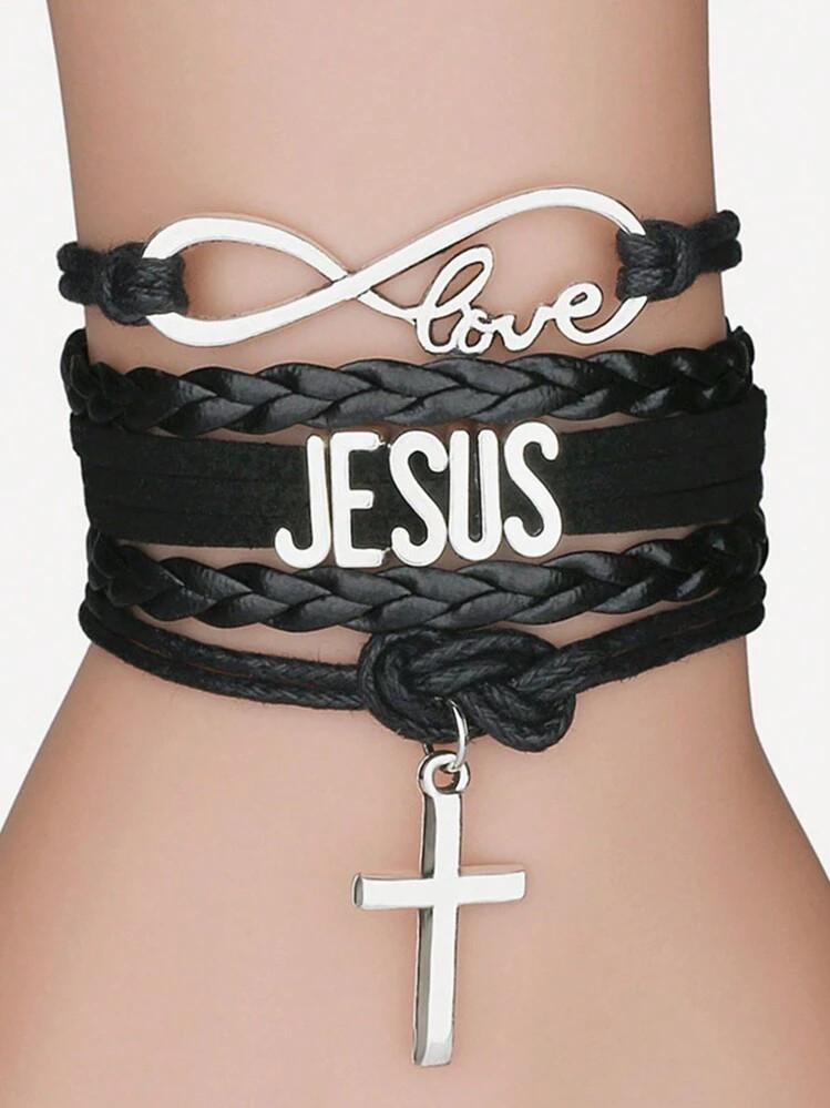 Jesus Loves Me Leather Bracelet Multilayer Wrap JESUS Christian Bible Cross Braided Bracelet  Orn... | SHEIN