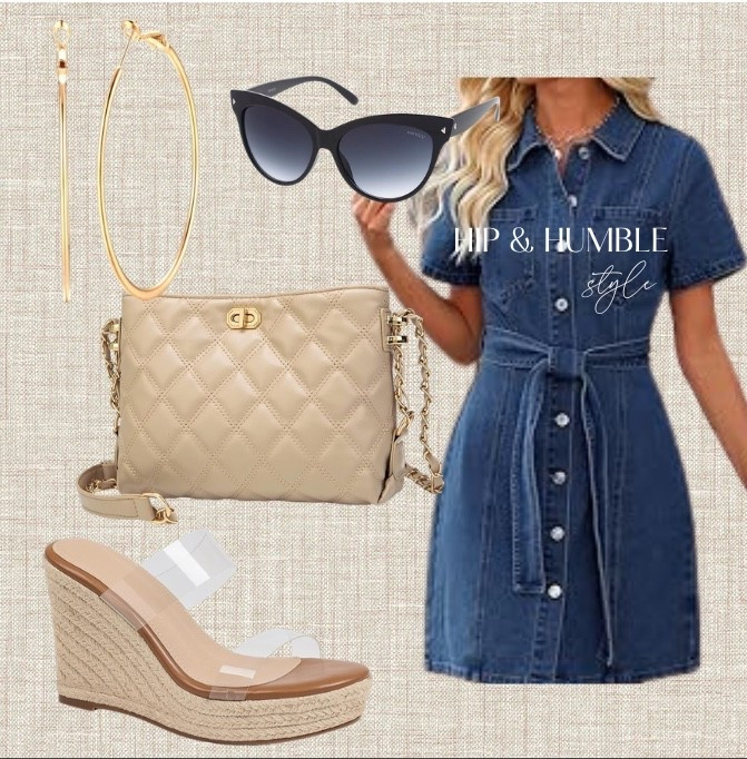 Classic denim dress, clear wedges , sunglasses ,  neutral purse, neutral accessories 

#LTKootd #LTKSeasonal #LTKOver40