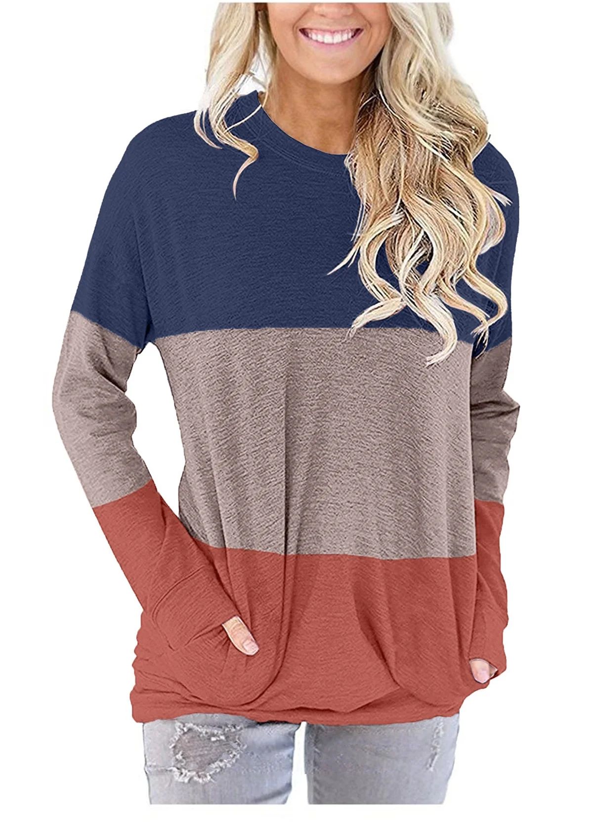 Kissmoda Womens Stripe Shirts Color Block Tunic Long Sleeve Blouse Navy Blue Medium | Walmart (US)