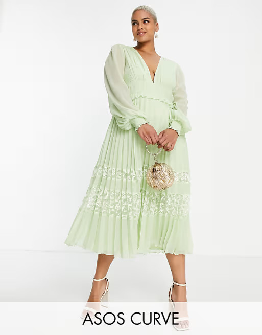 ASOS DESIGN Curve Exclusive plunge pleated midi dress with lace insert hem in seafoam green | ASO... | ASOS (Global)