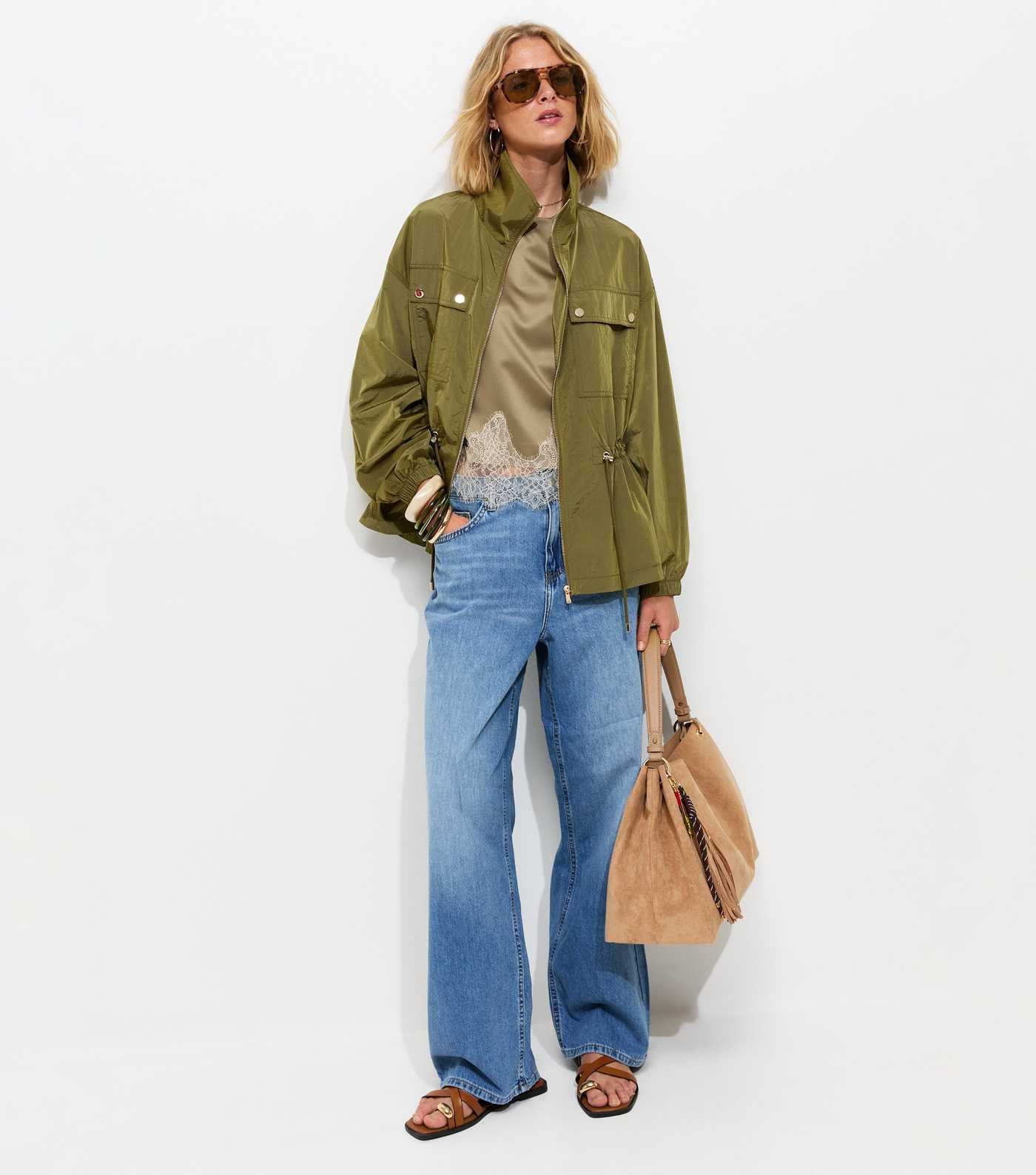Khaki Zip Through Sinched Waist Utility Jacket | New Look | New Look (UK)