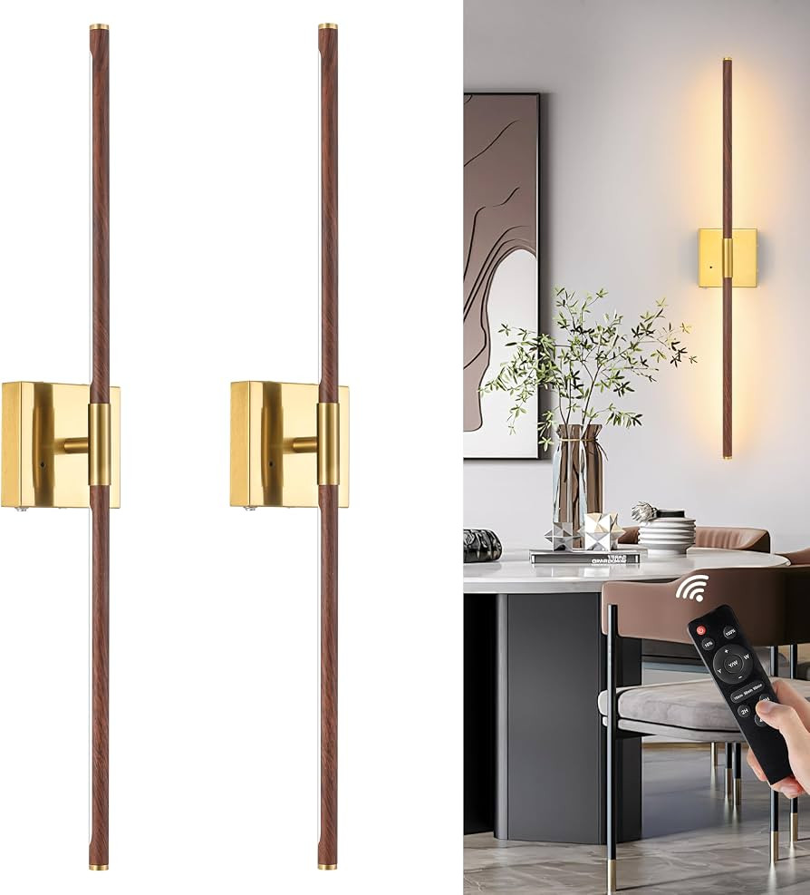 Walnut Battery Operated Wall Sconce with Remote Control, Rechargeable Wall Sconces Set of 2, LED ... | Amazon (US)