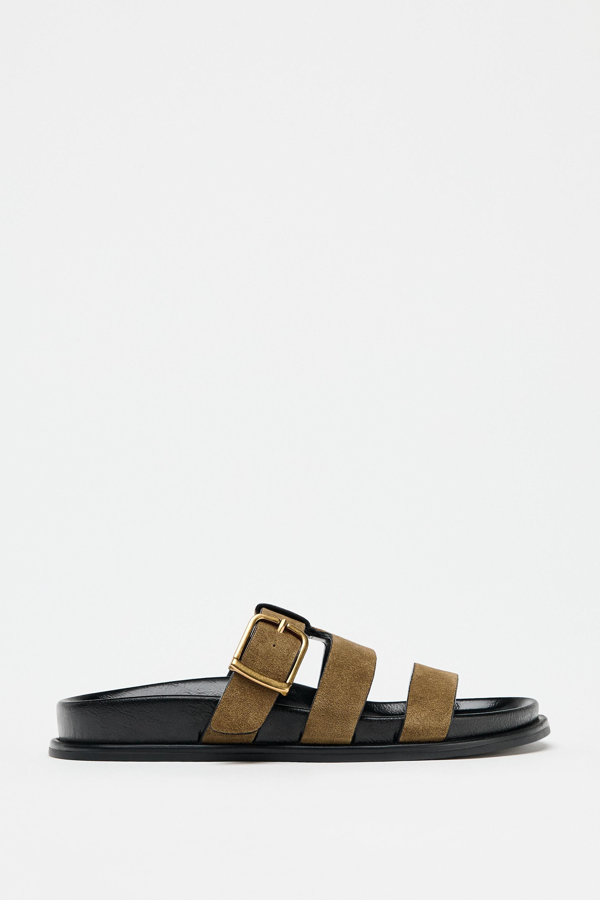 BUCKLE FLAT SPLIT SUEDE SANDALS | Zara UK