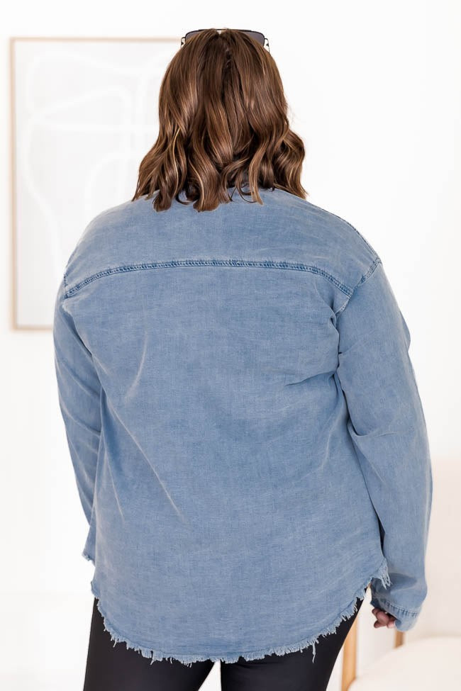 Take A Chance Tonight Light Wash Chambray Button Front Blouse | Pink Lily