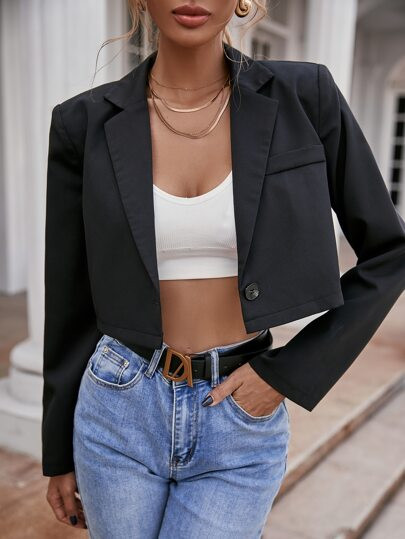 Solid Lapel Crop Blazer | SHEIN