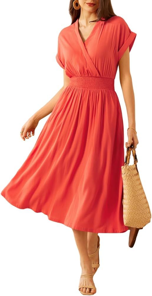 GRACE KARIN Women's Casual Linen Dresses 2024 Summer V Neck A Line Midi Dress with Pockets | Amazon (US)
