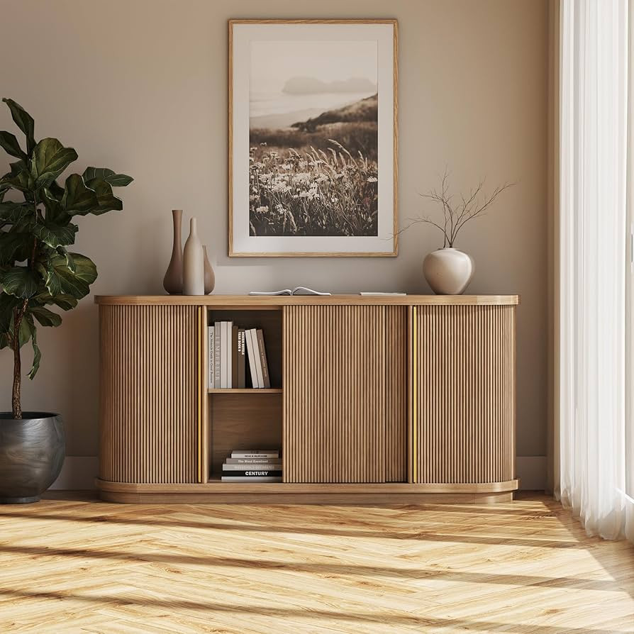 BELLEZE Turin 67" Modern Curved Sideboard with Sliding Tambour Doors - Fluted Wood Buffet Cabinet... | Amazon (US)