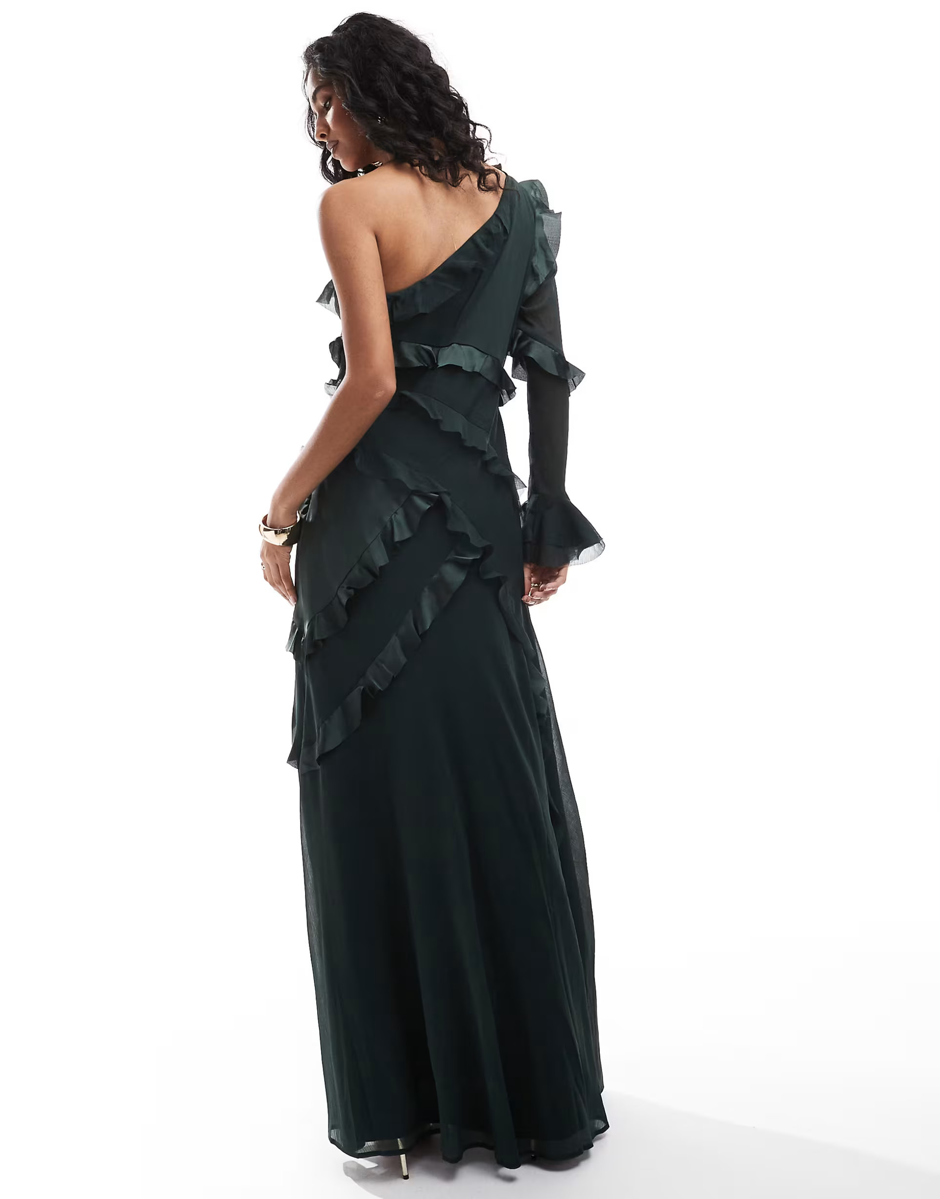 ASOS DESIGN one shoulder bias cut ruffle satin chiffon mix maxi dress in forest green | ASOS (Global)