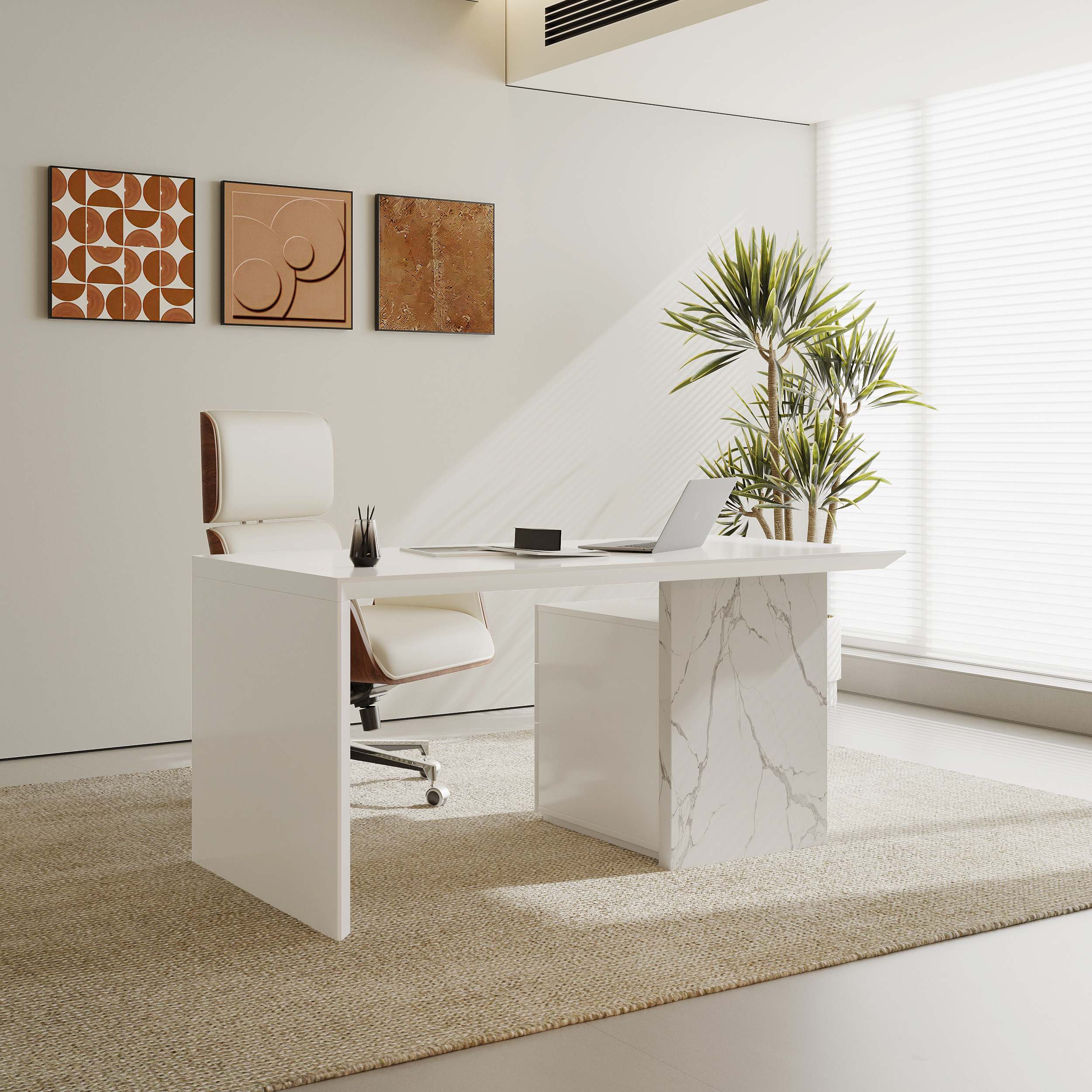 60" Modern MDF & Marble Veneer Desk & Off White Home Office Chair Set High Back | Homary