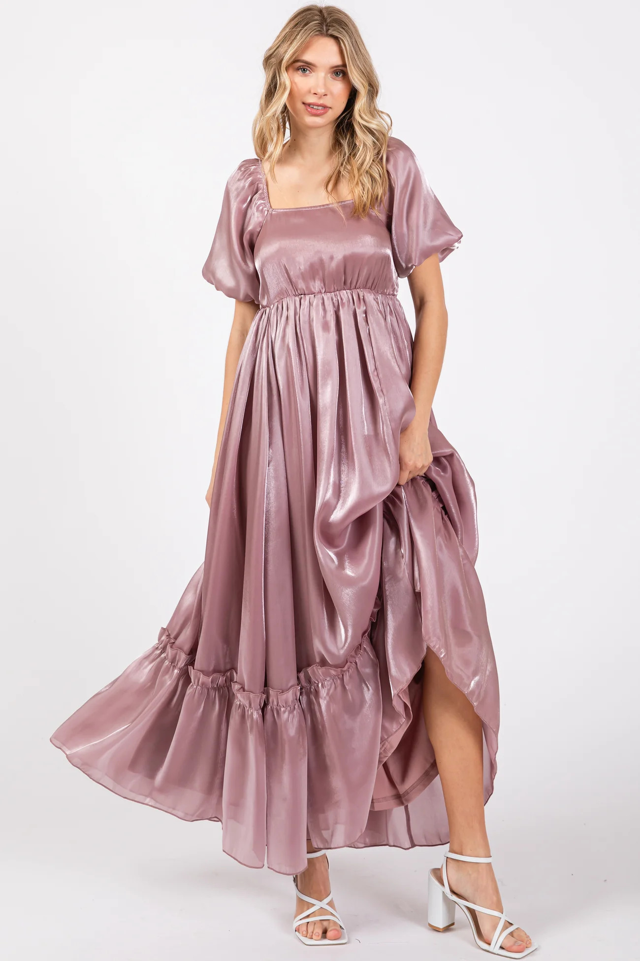 Mauve Satin Square Neck Short Puff Sleeve Maxi Dress | PinkBlush Maternity