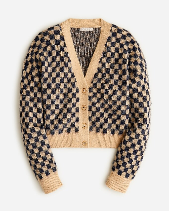 Checkered V-neck cardigan sweater in brushed yarn | J. Crew US
