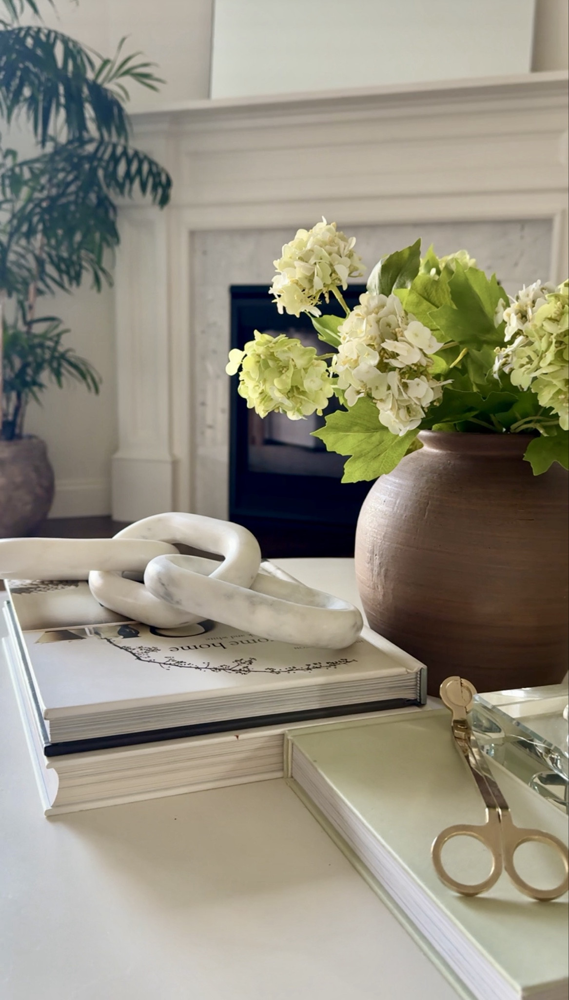 Soft neutrals layered with texture—stacked coffee table books, a marble chain accent, and fresh hydrangeas for an effortless, lived-in look.

#coffeetabledecor #marblechain #decorbooks #neutralhome #vasedecor #homestyling #livingroomdetails

#LTKHome #LTKSeasonal #LTKSaleAlert