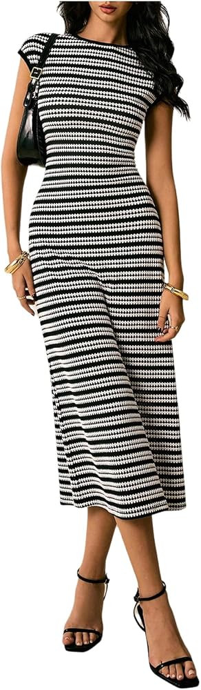 SOLY HUX Women's Striped Midi Dress Casual Work Knit Bodycon Summer Dresses | Amazon (US)