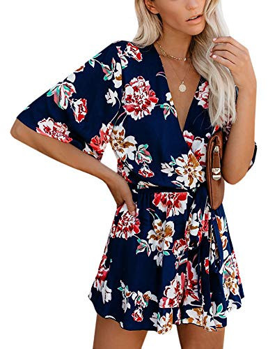 Bonkwa Women's Summer Floral Print Deep V-Neck Romper Flared Half Sleeve Short Jumpsuit with Elastic Tie | Amazon (US)