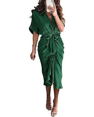 BTFBM 2025 Women Button Down Ruched Shirt Dresses Short Sleeve Lapel V Neck Elegant Party Spring ... | Amazon (US)