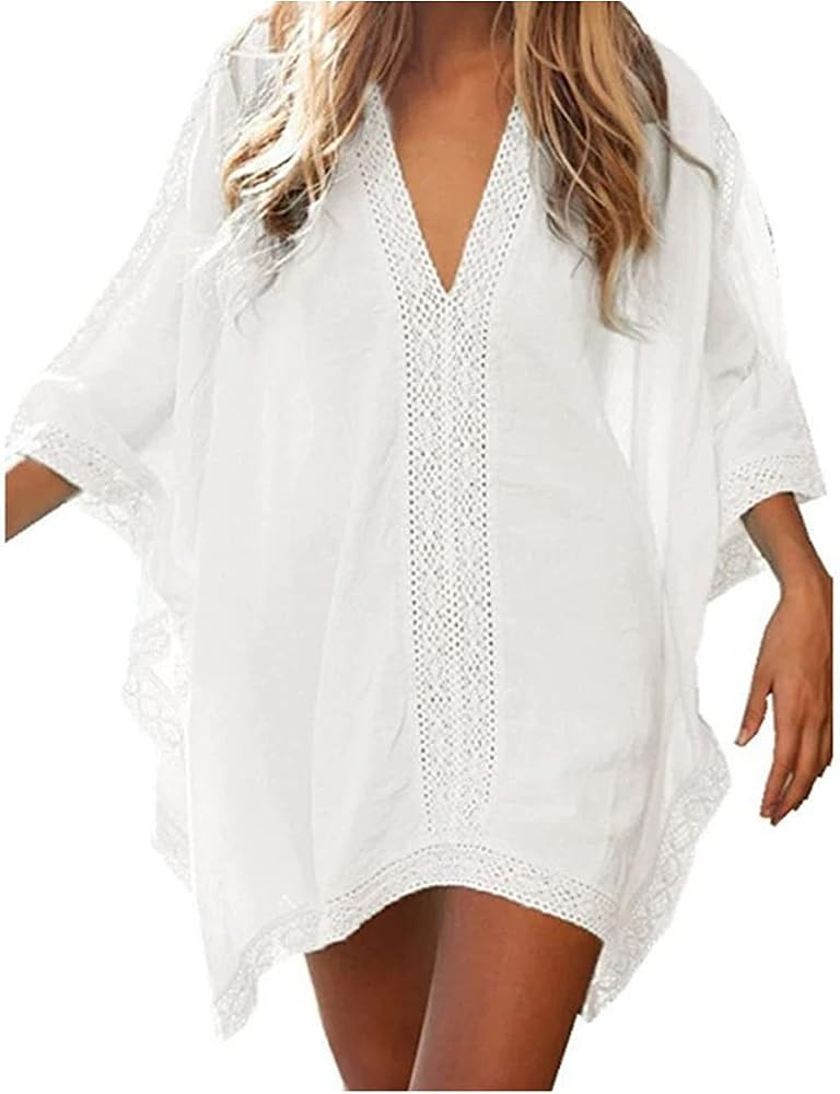 Blue Island Women's Lace Trim Beach Caftan Swim Cover Up, White | Amazon (US)