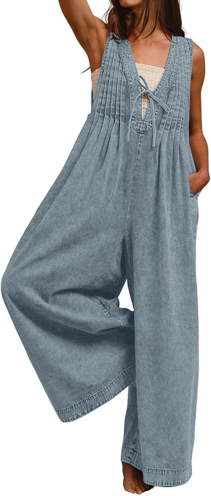 loveimgs Women Flowy Sleeveless Jean Jumpsuit Wide Leg Overalls Baggy Pleated Ruffle Tank Romper ... | Amazon (US)