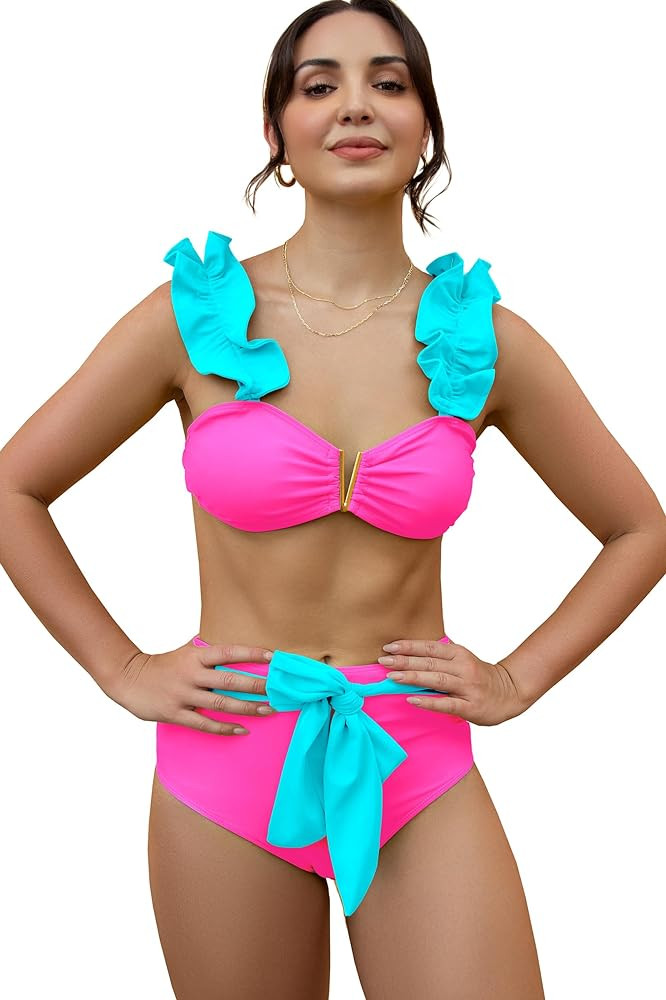 SPORLIKE Women High Waisted Swimsuit Flounce Straps Bikini Bathing Suit | Amazon (US)