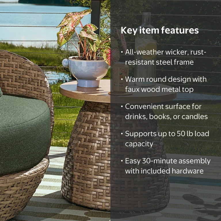 Beautiful by Drew Barrymore Outdoor Side Table with Faux Wood Top, Brown | Walmart (US)
