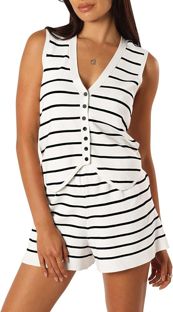 Pink Queen Vest Sets Women 2 Piece Outfits 2025 Summer Casual Knit Loungewear Sleeveless Button D... | Amazon (US)