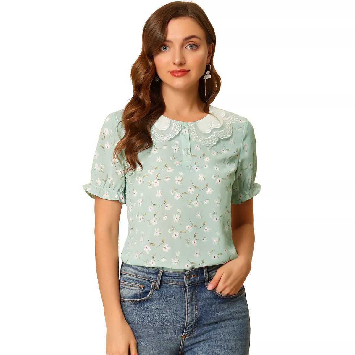 Allegra K Women's Peter Pan Collar Ruffled Bubble Short Sleeve Floral Blouses | Target