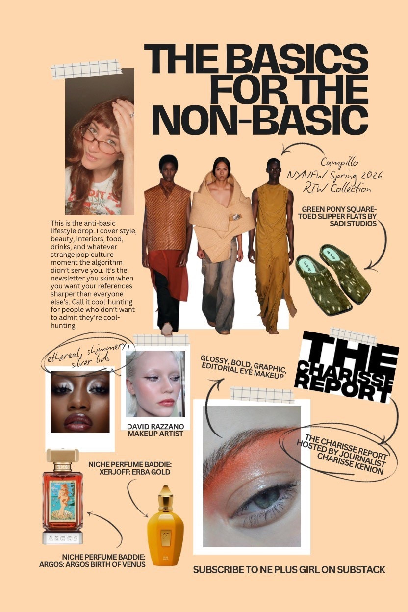 Hope you’re enjoying my grab bag for the beginning of the week! Check out the preview for my Monday Substack. 

Online spaces are drowning in copy-paste aesthetics. The Basics for the Non-Basic are my own pulls, stashed like they are slightly illicit. Keep what excites you, skip what doesn’t! The most interesting beauty is the kind that makes you stop and think before you call it good. #nichefragrance #tiktok #nyfw #slides #editorialeyemakeup

#LTKNYFW #LTKStyleTip