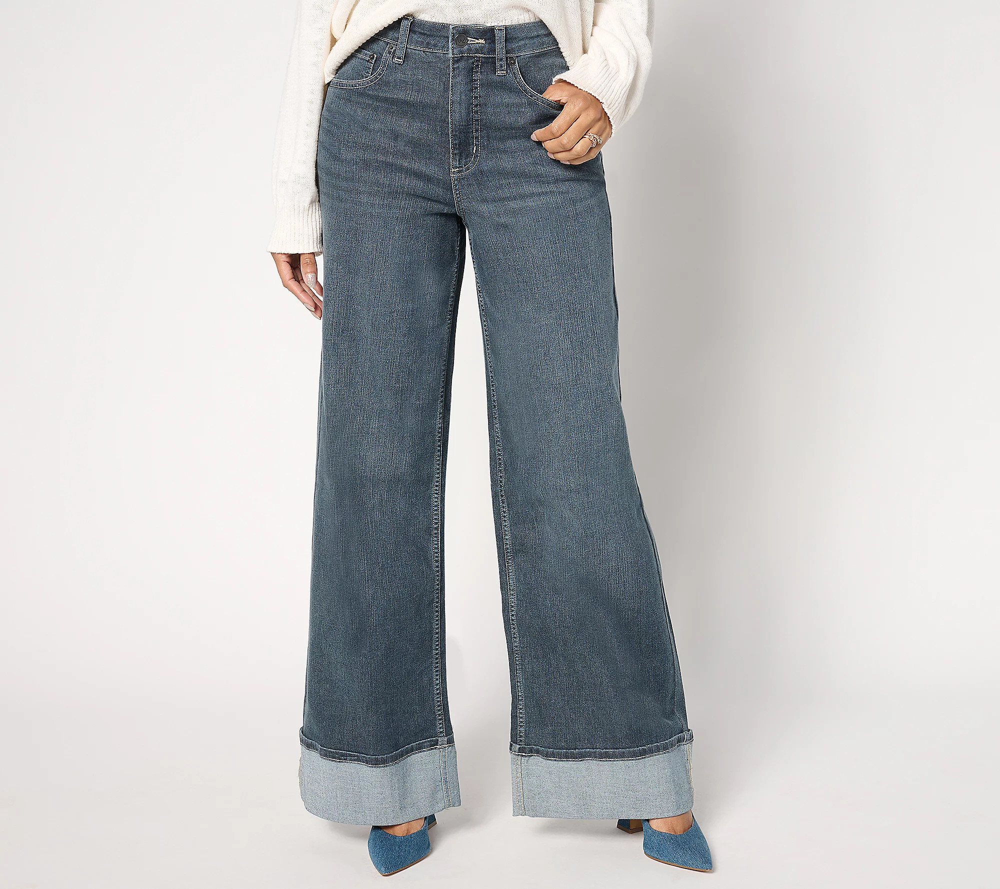 Me by Jennie Garth Petite Grey Blue Cuffed Wide Leg Jeans | QVC