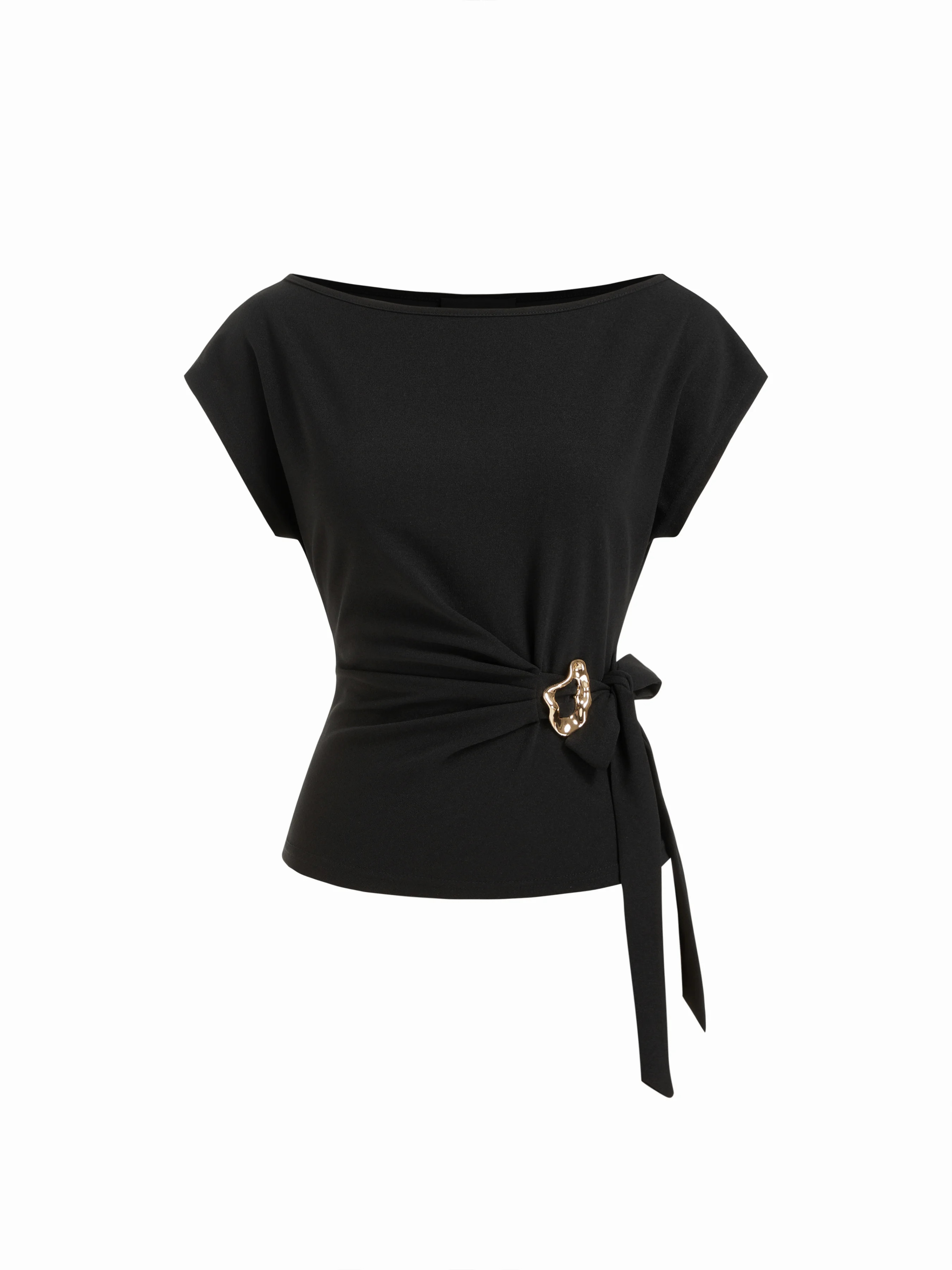 Knit Fabric Twist Knot Short Sleeve Metal Detail Tee For Daily Casual | Cider