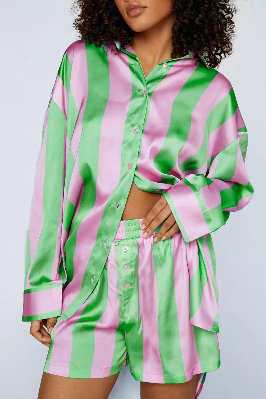 Satin Stripe Oversized Pajama Short Set | Nasty Gal (US)