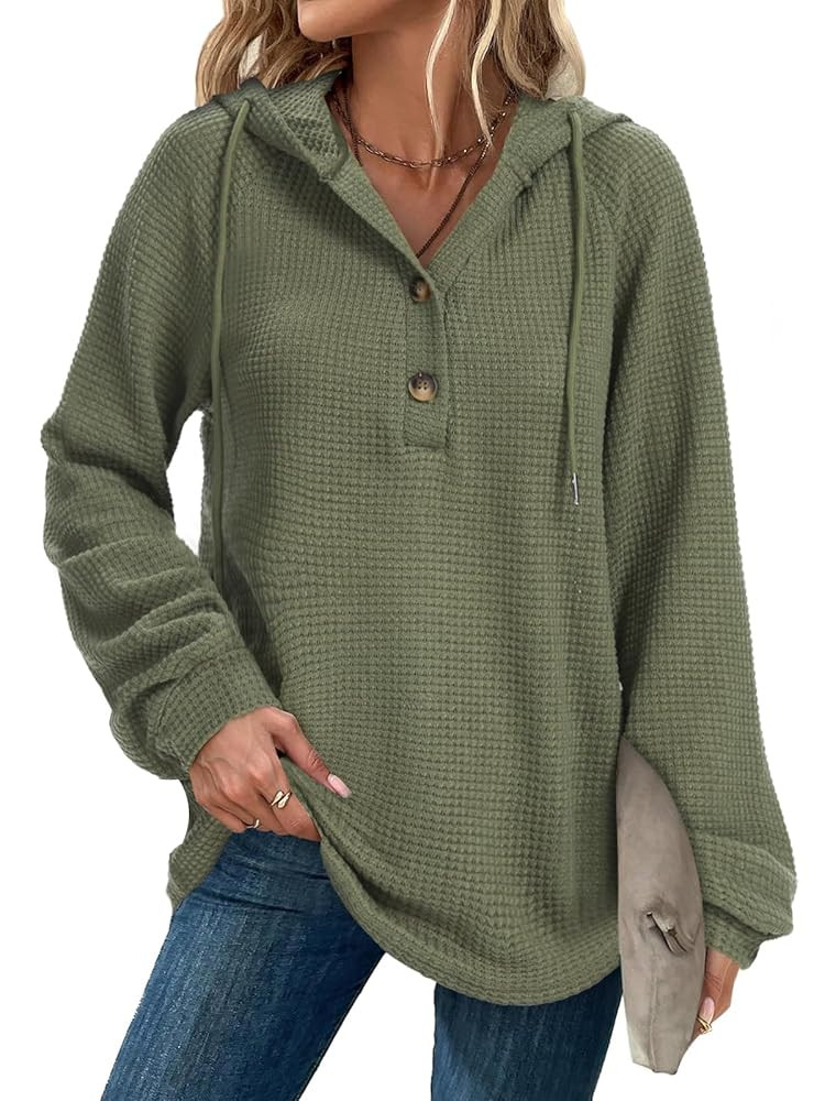 Hoodies Sweatshirt for Women Waffle Long Sleeve Oversized Sweaters Drawstring Button V Neck Casua... | Amazon (US)