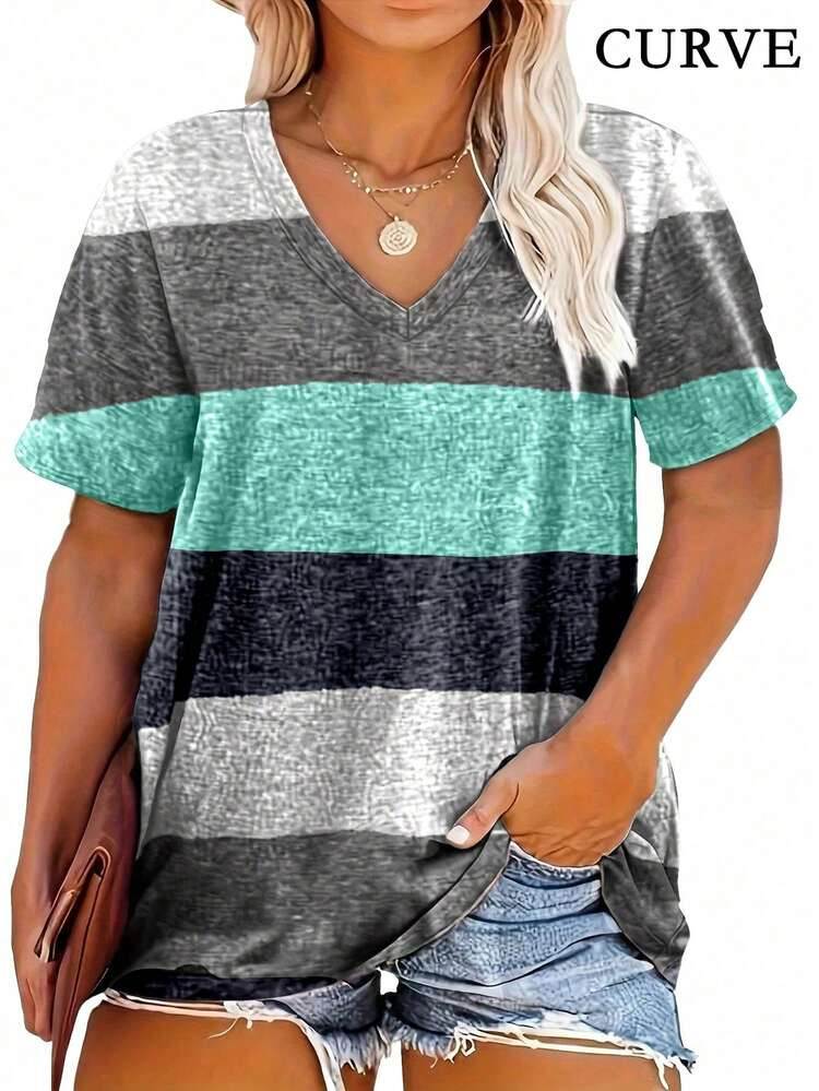 Plus Size Women Striped V-Neck Casual T-Shirt Summer | SHEIN
