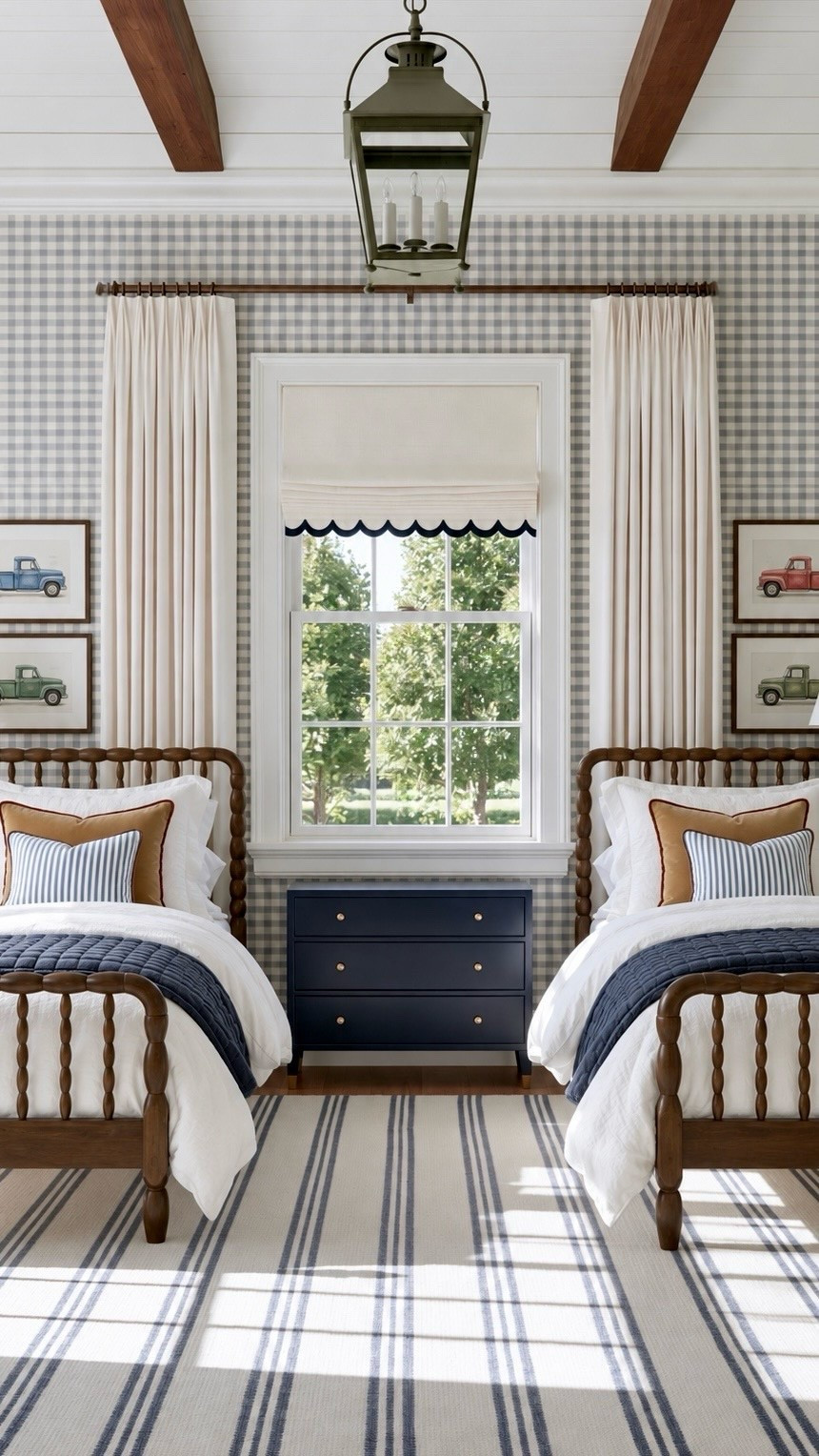 Little boys room with twin spindle beds, gingham wallpaper, roman shades, preppy accents and a custom vibe.

#LTKHome