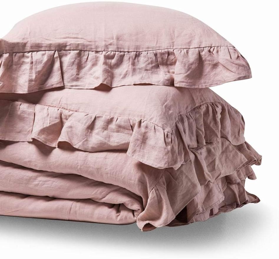 King Linen Cotton Duvet Cover with Pillow Shams, 3 Pc Set, Vintage Stone Washed Fabric, Ruffle St... | Amazon (US)
